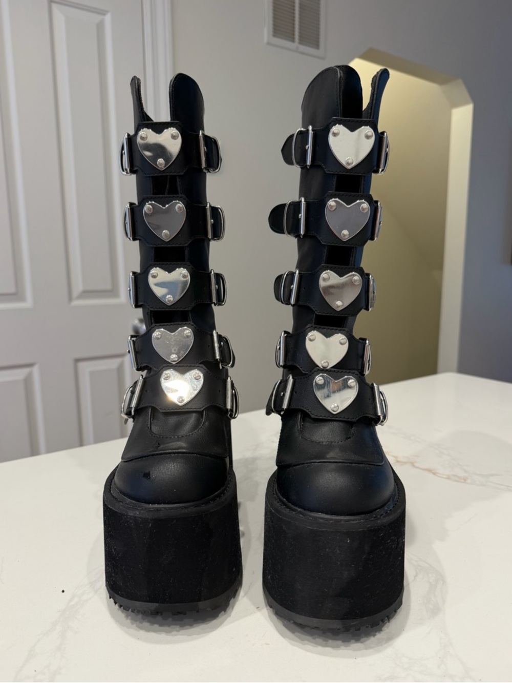 Demonia SWING-230 Platform Mid-Calf Buckle Boots in Black with Heart Accents - Picture 3 of 6